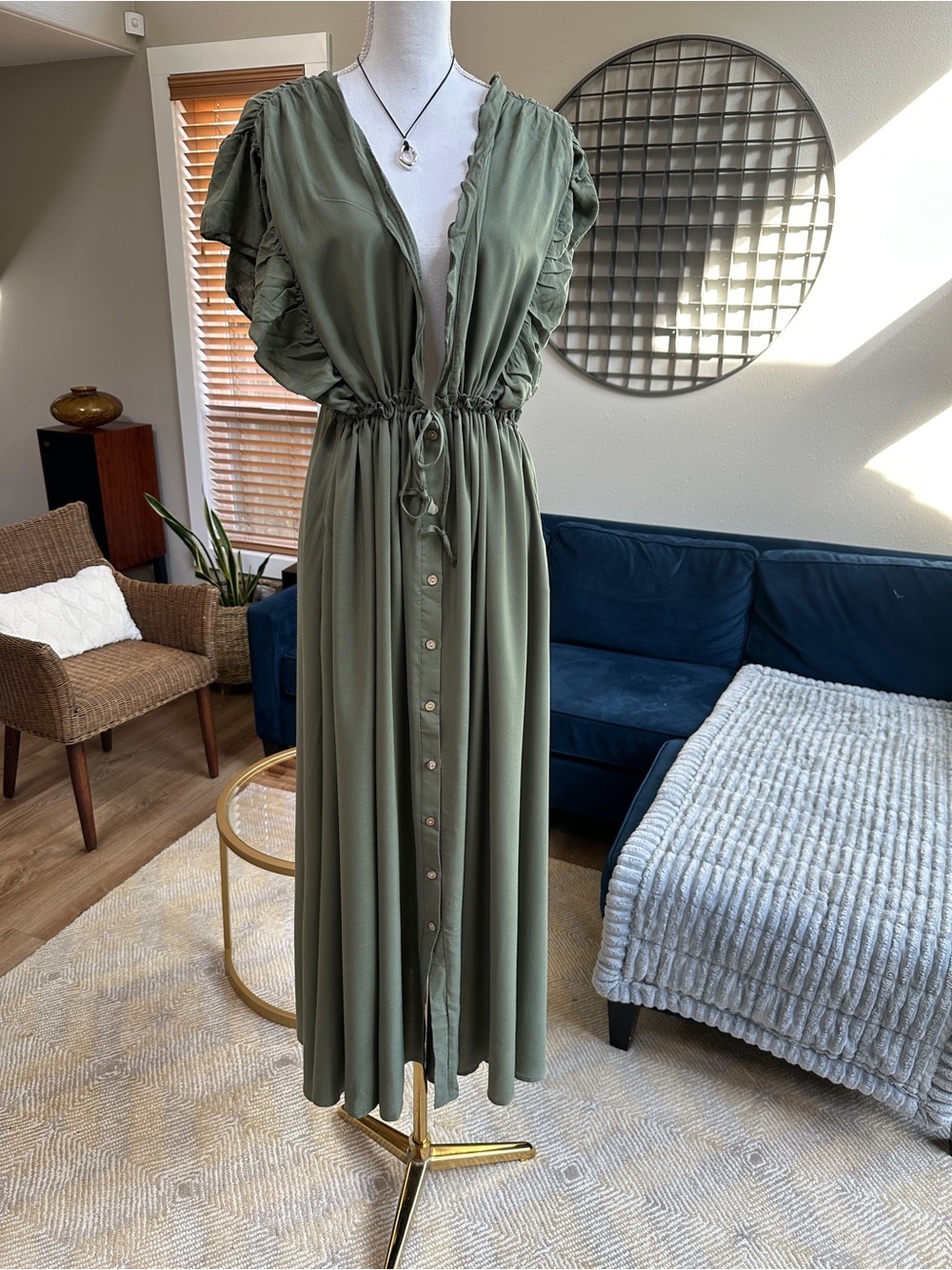 Beach boho long column maxi dress with tie waist and ruffle cap sleeves